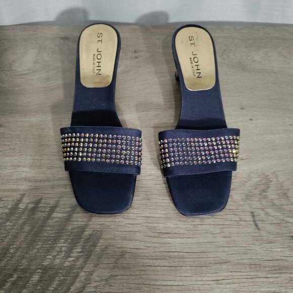 St. John Size 7.5 B Rhinestone Sandals Slide Blue & Gold 2 In Heel Italy Made‎ - Picture 1 of 12